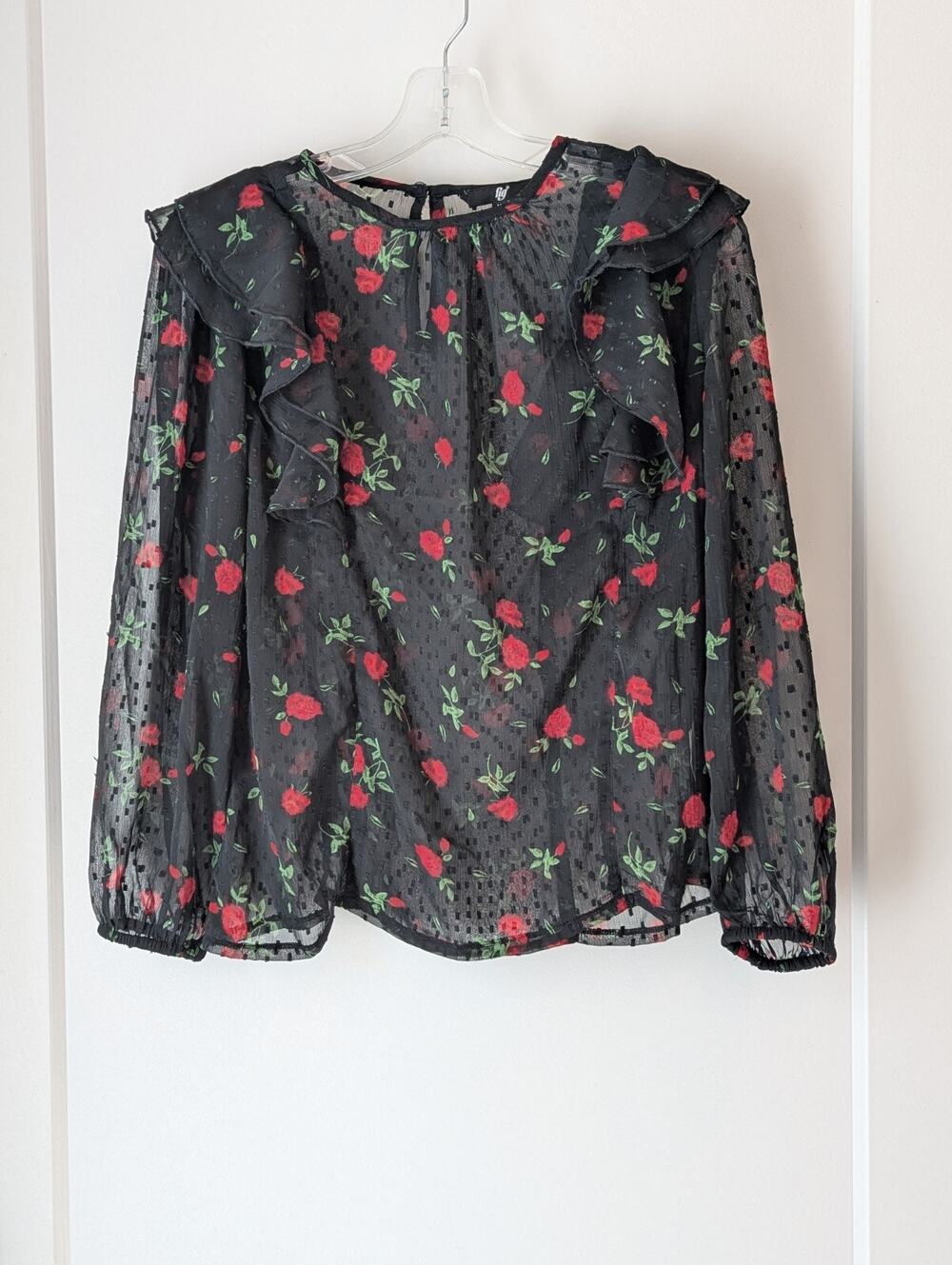 Fig Ladies M Black Sheer Tunic Pullover Blouse Red Roses Whimsy Goth Peasant
